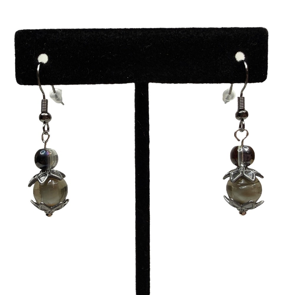 VTG Style Iridescent Gray Crystal Beads Dangle Earrings Gun Metal Silver Jewelry